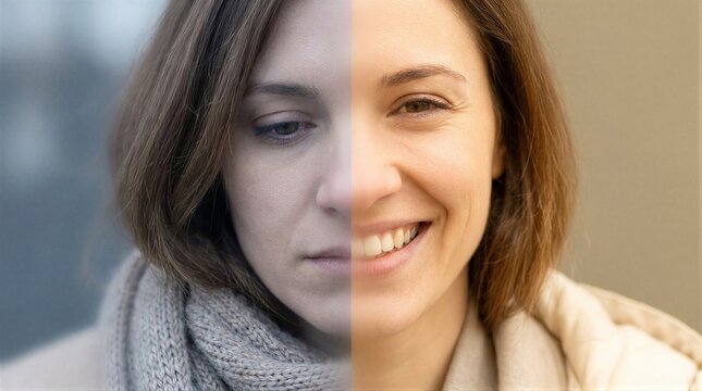 Woman showing dual personality with sad and happy face. Split screen portrait representing bipolar disorder and mental health struggle. Psychological contrast of human emotion and mood.