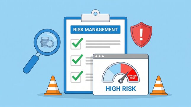 Business risk assessment with risk management clipboard checklist, high-risk danger zone gauge, and financial coins, vector illustration