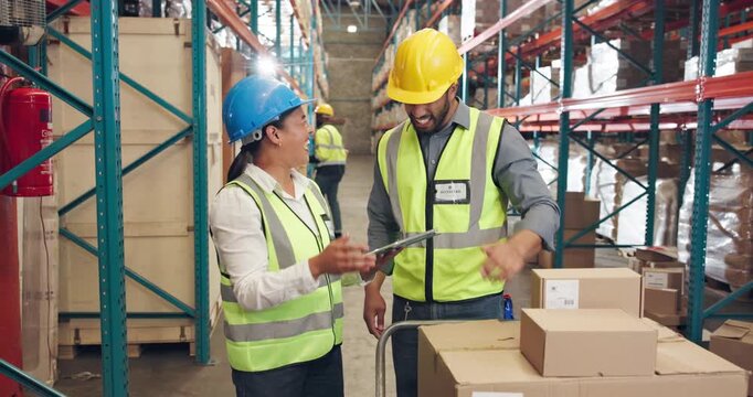 Logistics, high five and people with tablet in warehouse, teamwork and complete task for celebration. Success, tech and woman with man in factory for inspection, export check and inventory management