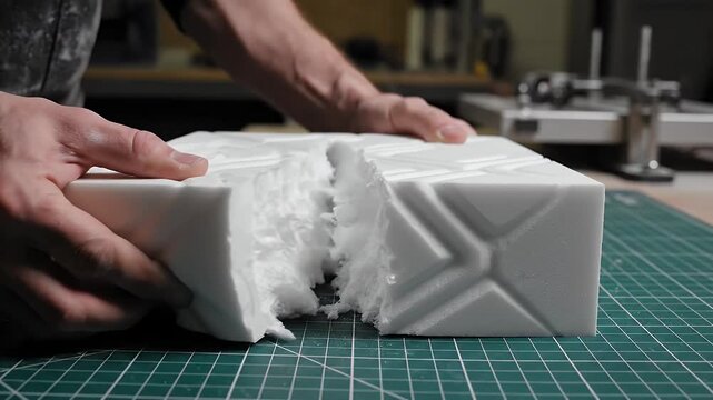 White rectangular foam block with diagonally carved crosshatch pattern resting on a green cutting mat in a woodshop