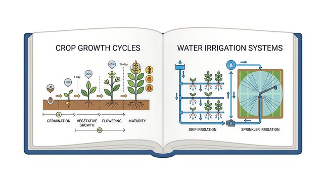 Visual Guide to Crop Growth Cycles and Modern Water Irrigation Systems Explained with Diagrams and Illustrations