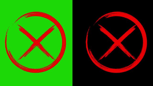 Hand Drawn Red Cross Mark icon animation, Animated wrong mark icon on green screen, red x symbol on transparent black background.  deny, decline, not allow, no, band, stop, warning, cancel, error,