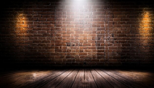 moody brick wall background with spotlight and haze
