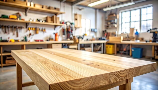 A well-lit woodworking shop with a sturdy wooden workbench in the foreground.