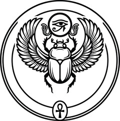 Obraz premium A comprehensive monochromatic drawing featuring an iconic winged scarab beetle symbol centered in a circular frame.