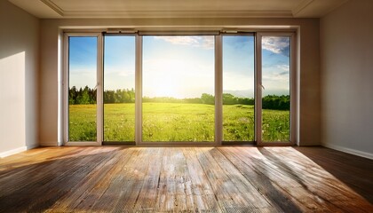 Fototapeta premium sunlit meadow vista through expansive window in minimalist room with hardwood floor