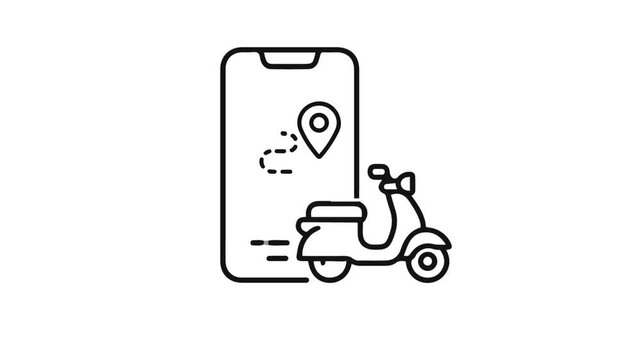 Animated delivery service line icon on white background. Loop animation of scooter riding with smartphone GPS map tracking and location pin pointer for logistics video.