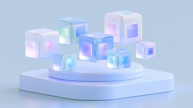 Abstract illustration of translucent cubes with glowing edges arranged on a white platform against a soft blue background, representing a sophisticated ecosystem of autonomous AI agents