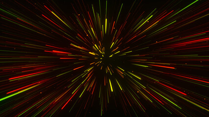 Fototapeta premium A dynamic abstraction with neon multicolored beams radiating from the center creates the effect of rapid movement in space. Suitable for technological design or graphic animation.