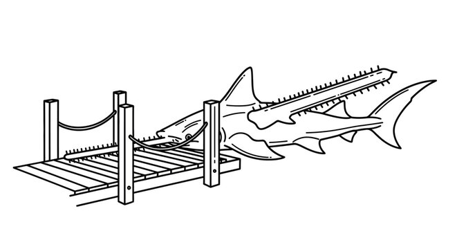 Detailed Illustration of a Sawfish Resting on a Wooden Dock.