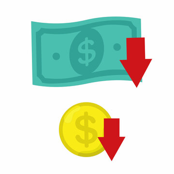 vector illustration of dollar banknotes and coins with red arrow pointing down, dollar exchange rate decreasing.