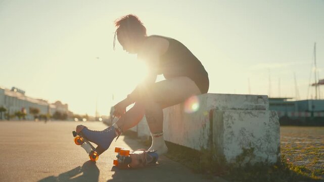 Tattooed woman putting on retro roller skates at sunset