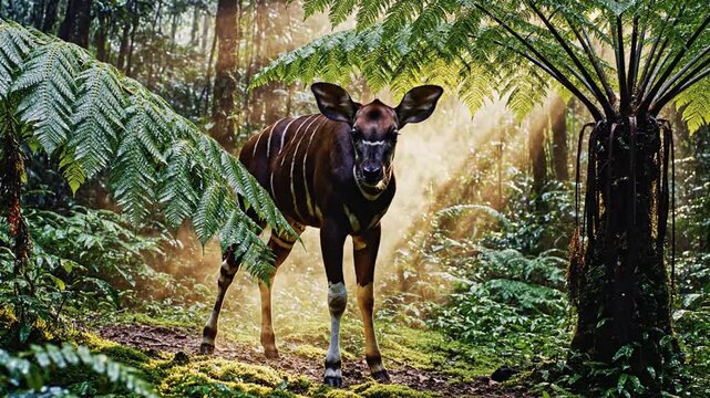 Young Okapi Calf with Striped Legs Stands Alert in Lush Sunlit Forest