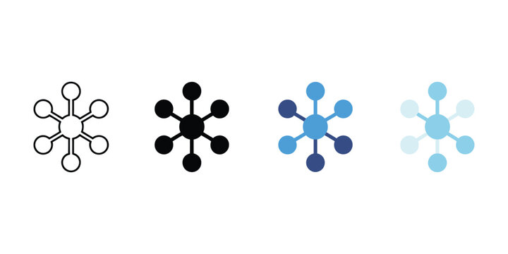 Molecule icon design featuring connected atoms in line glyph and solid styles for chemistry and biotechnology themes