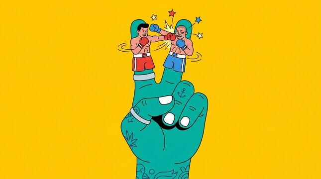 Teal hand showing tiny miniature boxers fighting on fingers