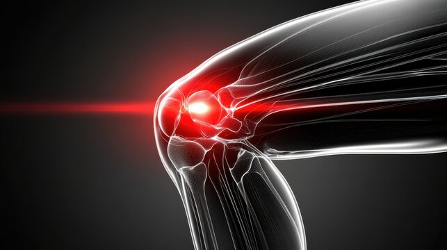 3D rendering of a human knee joint showing pain