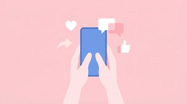 Hands holding mobile phone showing likes messages and hearts