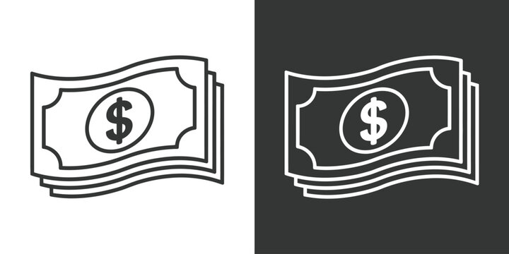Wavy stack of dollar bills icon, floating cash flow symbol, financial wealth, salary and budget concept, minimalist black and white vector illustration.