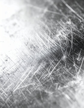 Tin sheet with dull silver finish and subtle scratches, blurred background, industrial materials concept. Close-up.