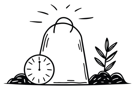 Compostable waste vector illustration with shopping bag clock and growing plant seedling.