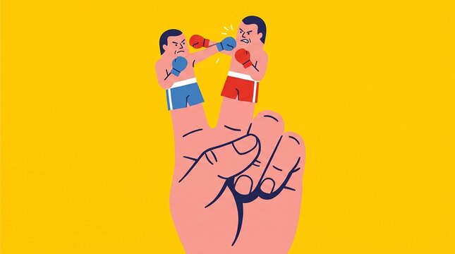 Pink hand featuring tiny boxers fighting on fingertips