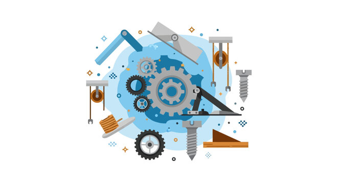 Educational Illustration of Simple Machines Featuring Gears, Pulleys, Screws, and Levers for STEM Education, Mechanical Engineering, and Physics Concepts