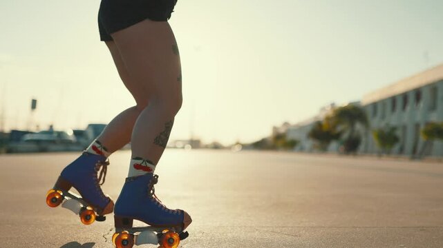 Young tattooed woman roller skating at sunset