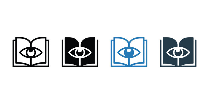 Narrative perspective multiple style icon set featuring book and eye elements for literature analysis and perception visualization