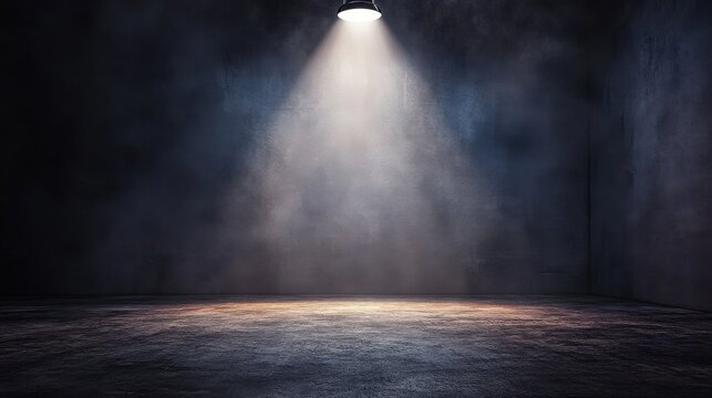 A dimly lit empty stage with a bright spotlight