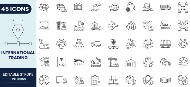 International trading icon set in outline style. Collection of international trading, export, import, global business, logistics, and commerce icons. Editable stroke. Vector icon collection.