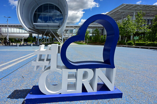 Meyrin, Geneva, Switzerland, Europe - 05.2026 : C.E.R.N, CERN, Conseil Europ&eacute;en pour la Recherche Nucl&eacute;aire, European Organization for Nuclear Research, I love CERN sign in front of Science Gateway