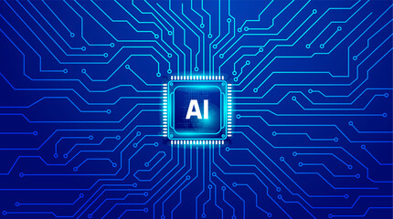 A glowing AI chip sits at the heart of a vibrant blue digital circuit board, symbolizing advanced artificial intelligence, machine learning, and technological innovation. © JustPrint