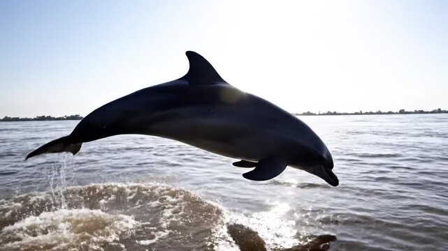 Irrawaddy Dolphin Leaping in the Sunlit Mekong River Estuary