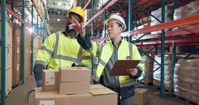 Logistics, discussion and men in storage warehouse, collaboration or instructions to complete task. Communication, teamwork and workers in factory for inspection, export check or inventory management