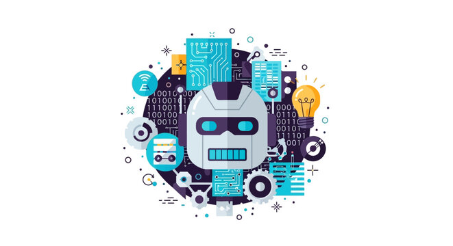 AI Robot Head with Machine Learning Binary Code and Digital Technology Symbols for Future Innovation and Automation Concept