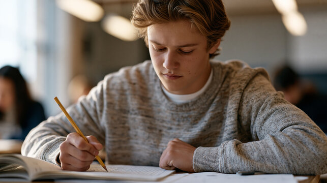 Teenage student gripping standardized test booklet at desk, knuckles tense, pencil hovering over answer sheet, gymnasium testing center, fluorescent overhead glare, academic performance anxiety, col