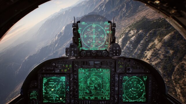 Combat flight simulation military aircraft cockpit digital hud interface mountainous terrain pilot's perspective aeronautical technology