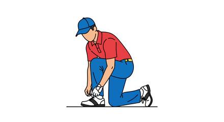 Fototapeta premium Golfer in red polo shirt kneeling to tie his athletic shoes