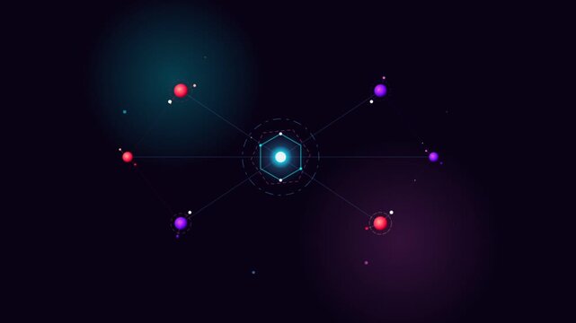 Abstract Digital Hexagon Core with Orbiting Spheres and Particles in Dark Space.
