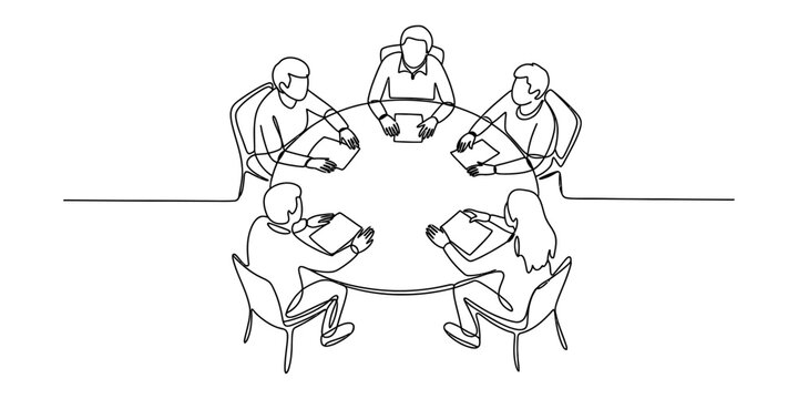 Five people sitting around a round table, discussing documents, continuous line drawing
