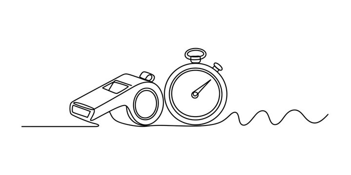 Single line drawing of a whistle and a stopwatch, representing sports and coaching