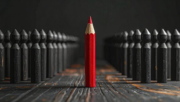 Red Pencil Stands Out Among Black Pencils Symbolizing Individuality.