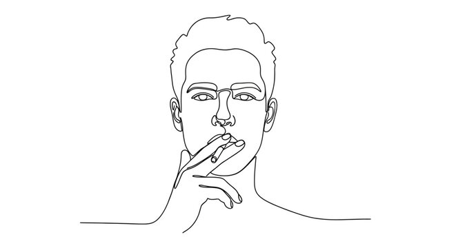 Man smoking a cigarette in a continuous line art portrait