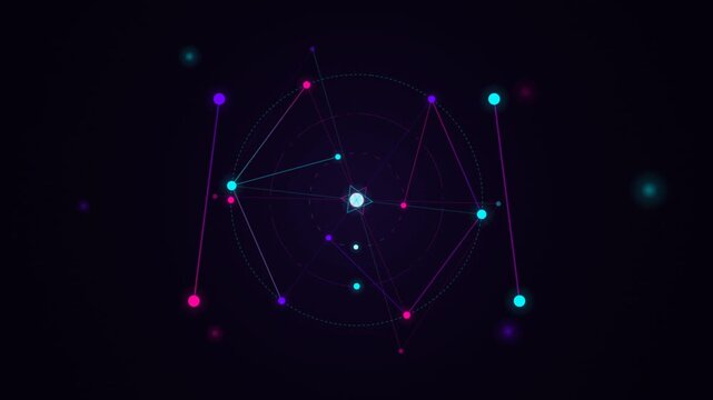 Abstract Digital Network Animation with Glowing Nodes and Interconnected Lines on Dark Background.