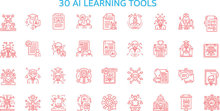 AI Learning Tools Icon Set With Smart Education Automation Digital Training And Technology Line Vector Illustration Design