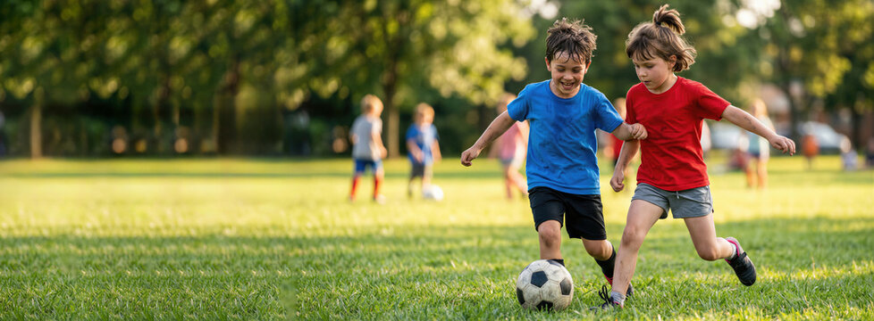 Happy boy and girl playing soccer on green grass field. Children running with ball outdoors during summer camp. Active childhood lifestyle and youth team sports training. Banner with copy space