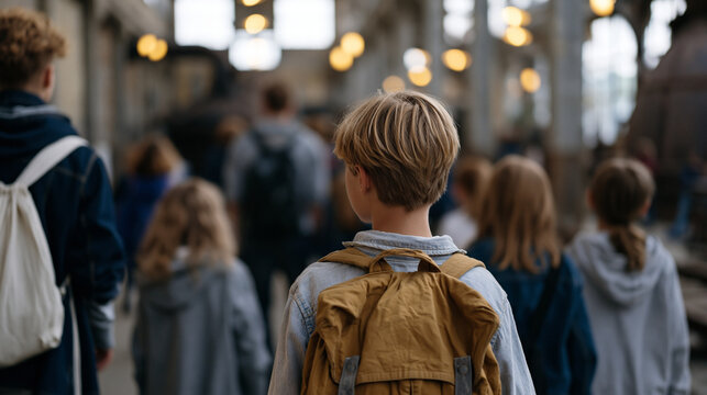 Parent volunteers trail a school field trip group through an industrial history museum, but one father stays three inches behind his child at every exhibit while other children roam freely, the spat