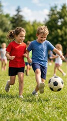Fototapeta premium Girl and boy playing soccer on grass field. Children running during summer sport activity in park. Happy kids having fun with ball outdoors. Active healthy lifestyle and recreation.
