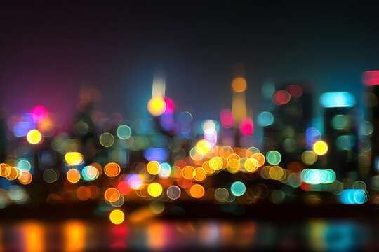 Kaleidoscope of Defocused Urban Lights Over a Dark Waterfront