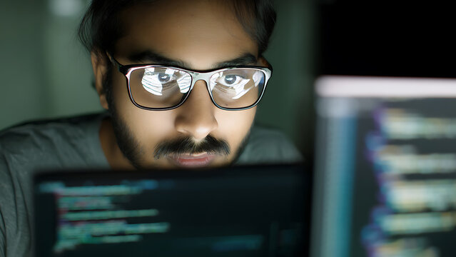 Man Wearing Glasses Concentrating on Computer Screen with Code.